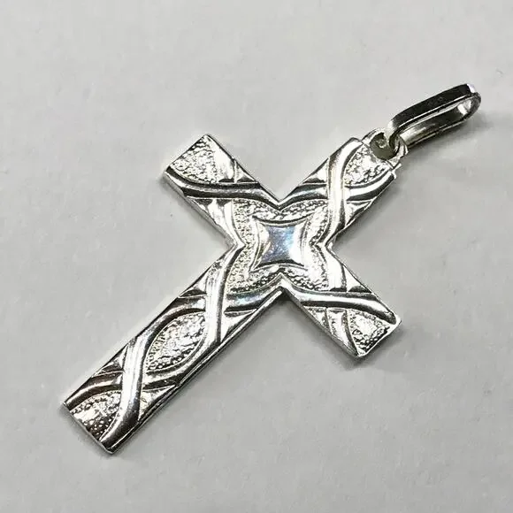 Vintage Italy 925 Sterling Silver Cross Necklace Pendant Pebbled Textured Star - Picture 7 of 9